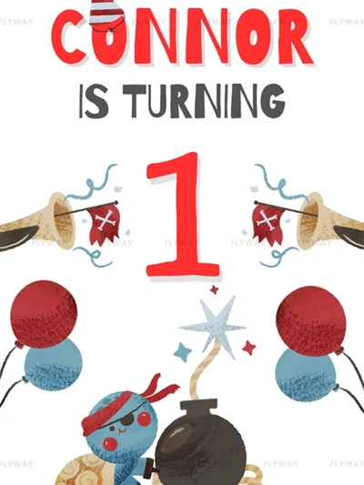 Pirate-themed birthday card with name Connor and age 1, decorated with balloons and a turtle pirate.