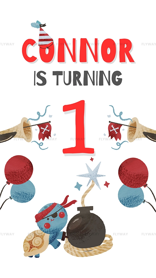 Pirate-themed birthday card with name Connor and age 1, decorated with balloons and a turtle pirate.