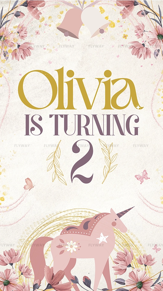 Birthday card with Olivia’s name, age 2, pastel unicorn, and floral decorations.