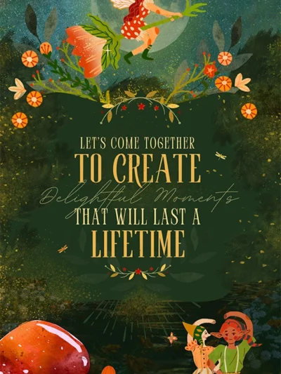 Fantasy-inspired birthday invite with fairies, flowers, and romantic forest background