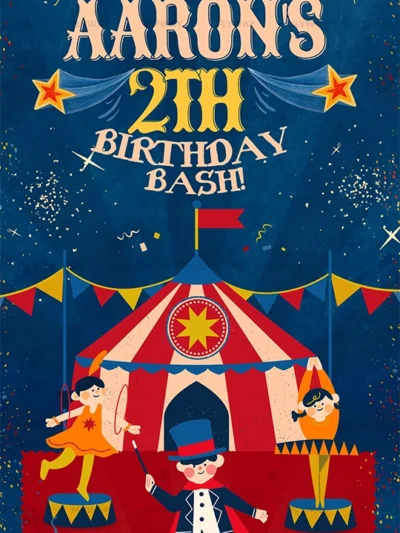 Circus-themed birthday bash invite with performers and big top tent