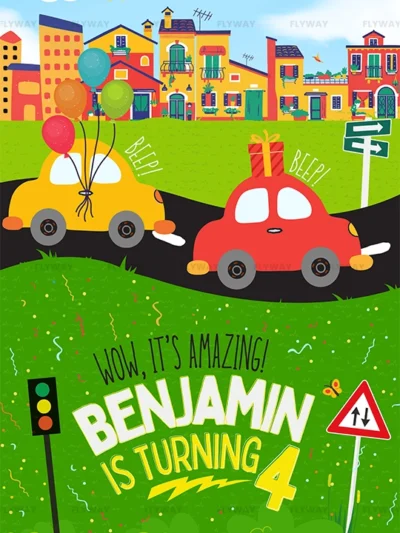 Playful car-themed birthday card with vibrant town background