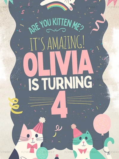 Cute cat birthday invitation with colorful kittens celebrating Olivia’s 4th birthday.