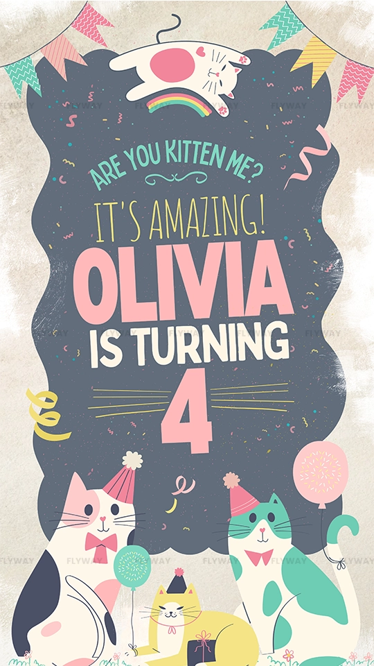 Cute cat birthday invitation with colorful kittens celebrating Olivia’s 4th birthday.