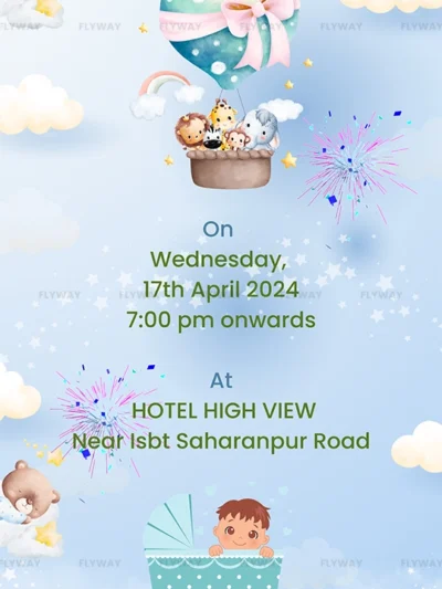 First birthday party invitation with baby Advik, pastel hot air balloon, animals, and venue details.