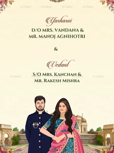 Engagement invitation with family details for Yashasvi and Vedant