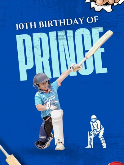Young boy playing cricket with bat on blue background