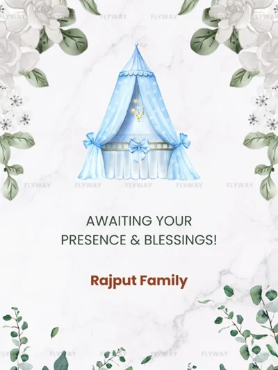 Blue-themed baby cradle invitation card with flowers