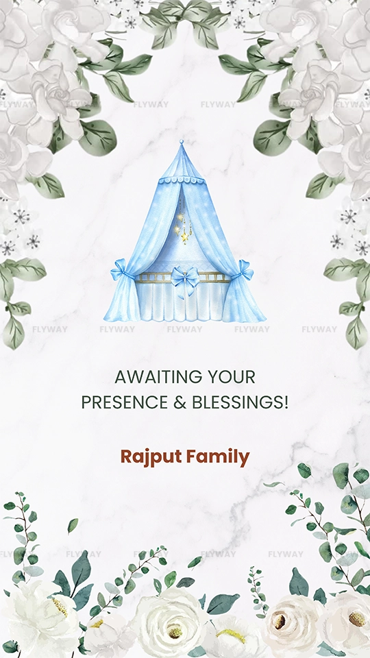 Blue-themed baby cradle invitation card with flowers