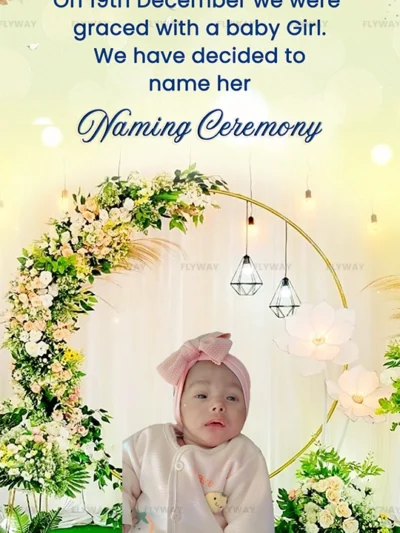 Baby girl naming ceremony celebration card with floral arch and soft green tones