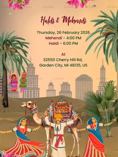 Haldi & Mehendi ceremony invitation with desert and floral decorations