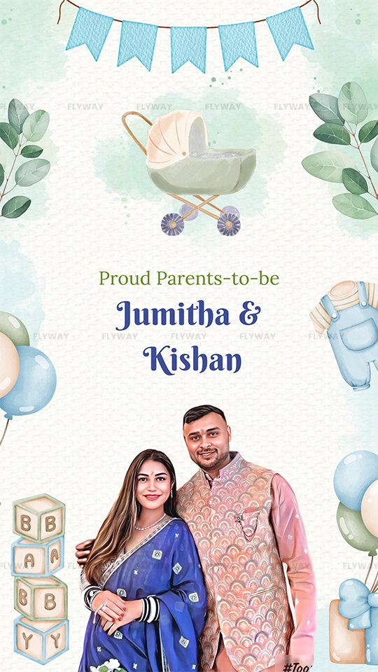 Jumitha and Kishan baby shower invitation with couple photo