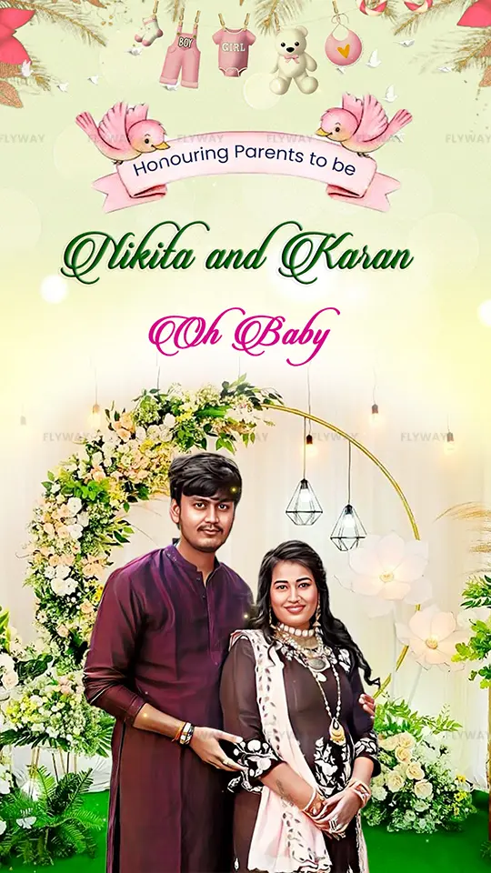 Parents-to-be announcement card with a romantic pastel garden theme