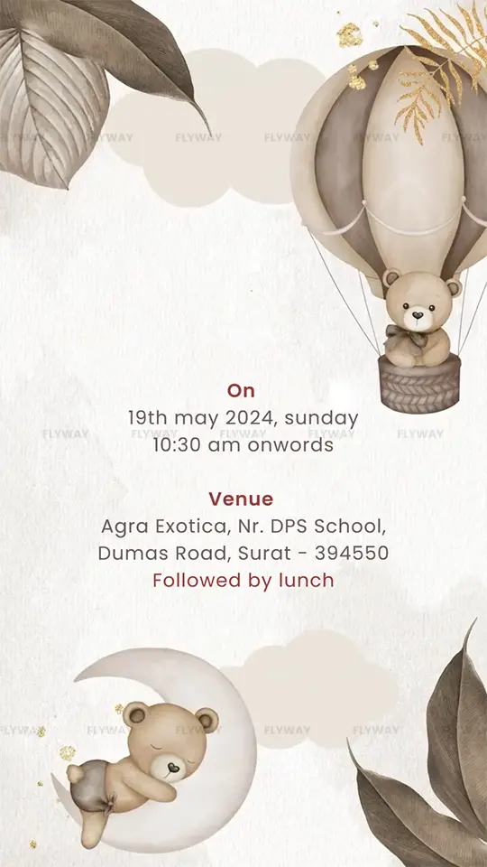 Balloon and moon themed bear baby shower card