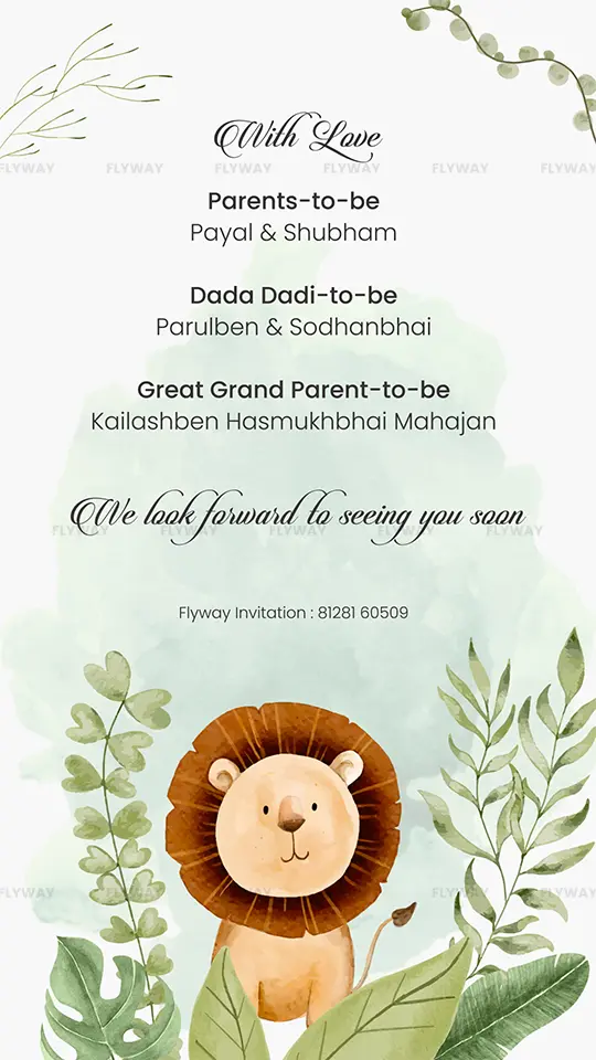 Safari lion baby shower invitation with botanical watercolor design