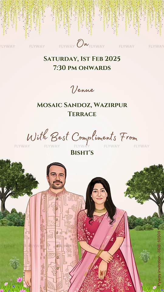 Couple in a garden venue setup with invitation message and terrace details