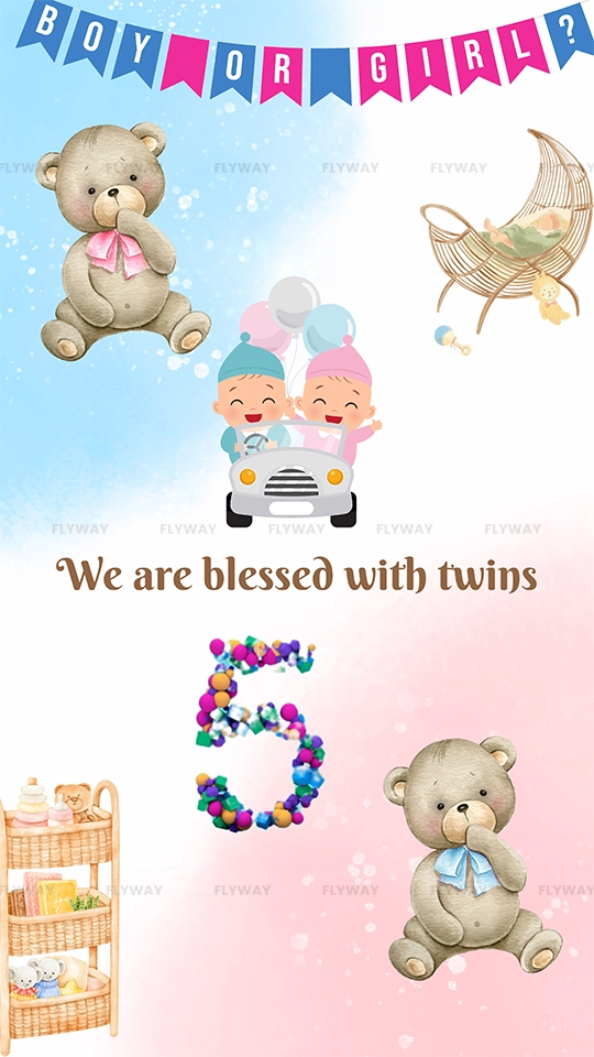 Announcement of twins with playful designs and colorful details.