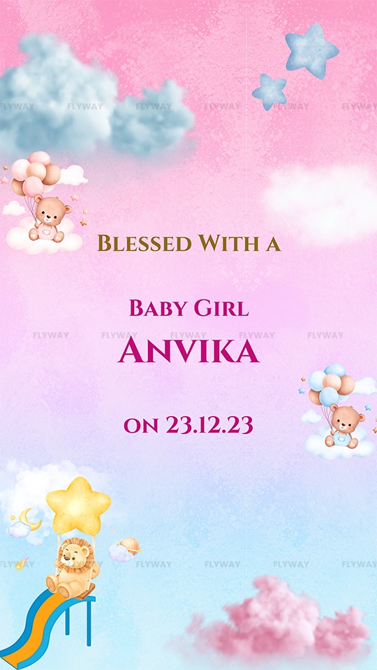 Announcement of a baby girl with a sweet, colorful design.