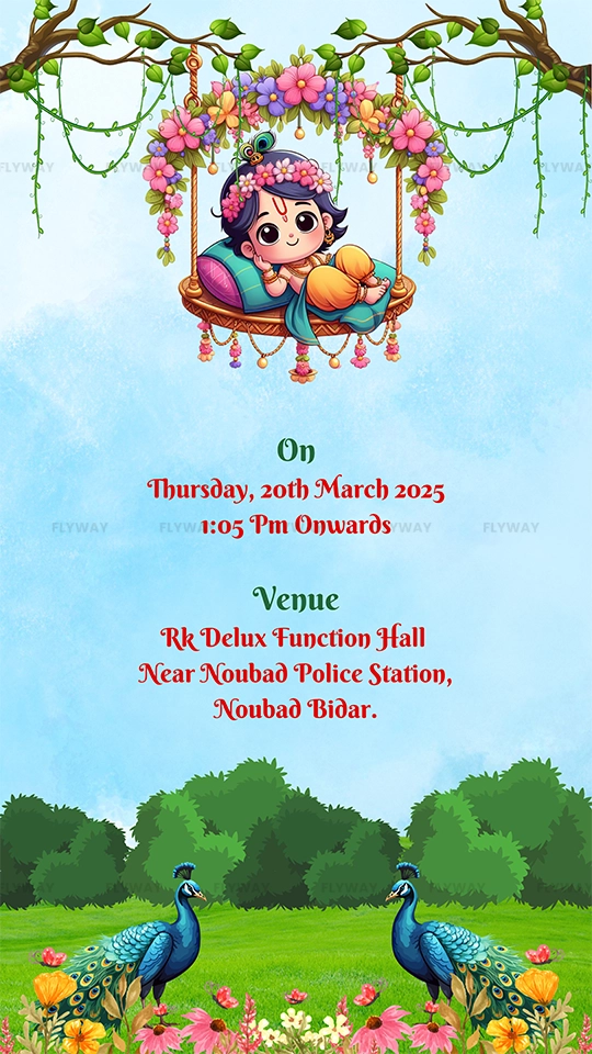 Cradle ceremony invitation with Baby Krishna on swing, floral elements, and peacocks.