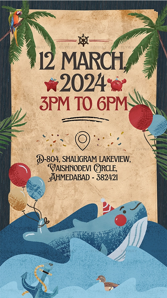 Pirate-themed birthday invite with date, time, and address details.