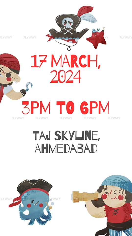 Pirate invitation card with birthday date, time, and venue details surrounded by cartoon pirates.