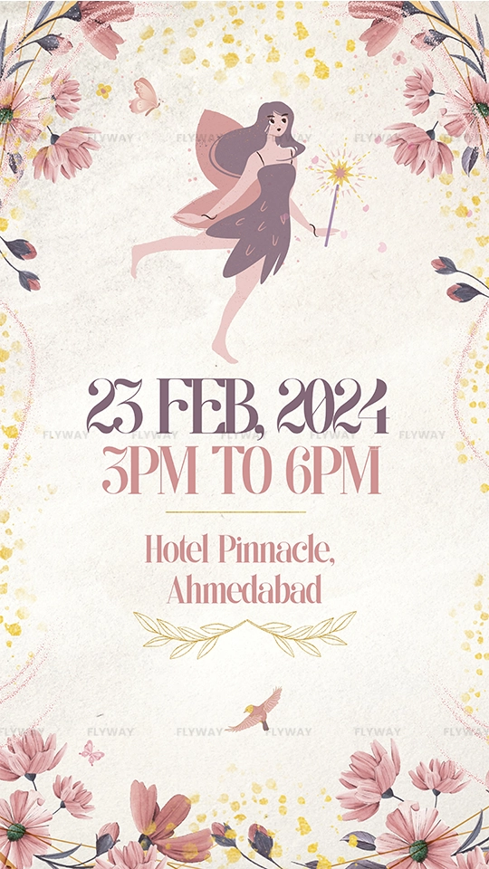 Fairy-themed invitation card with birthday date, time, and venue details surrounded by pink flowers.