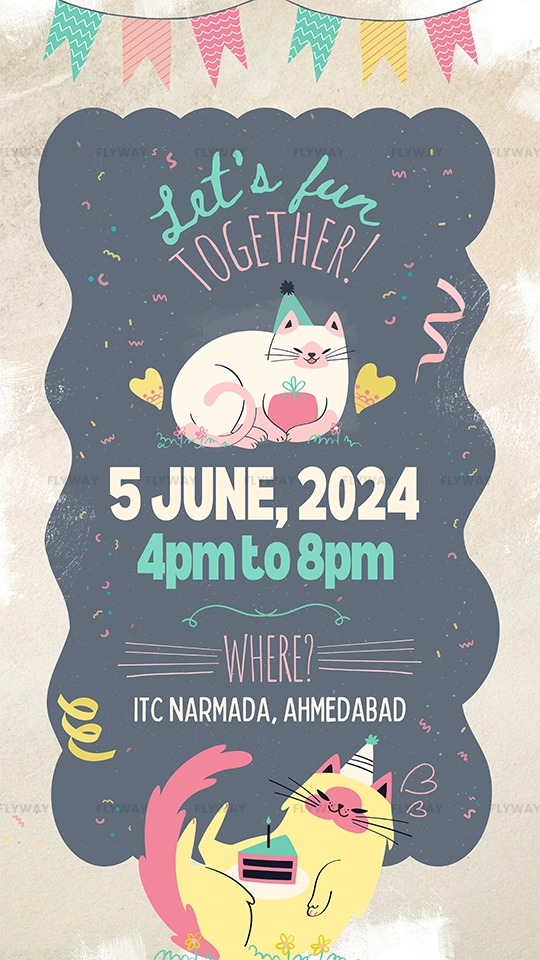 Cat birthday party invitation card with event date, time, and location details.