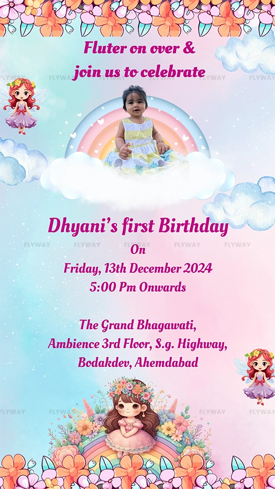 Rainbow and cloud fantasy invitation with baby girl photo