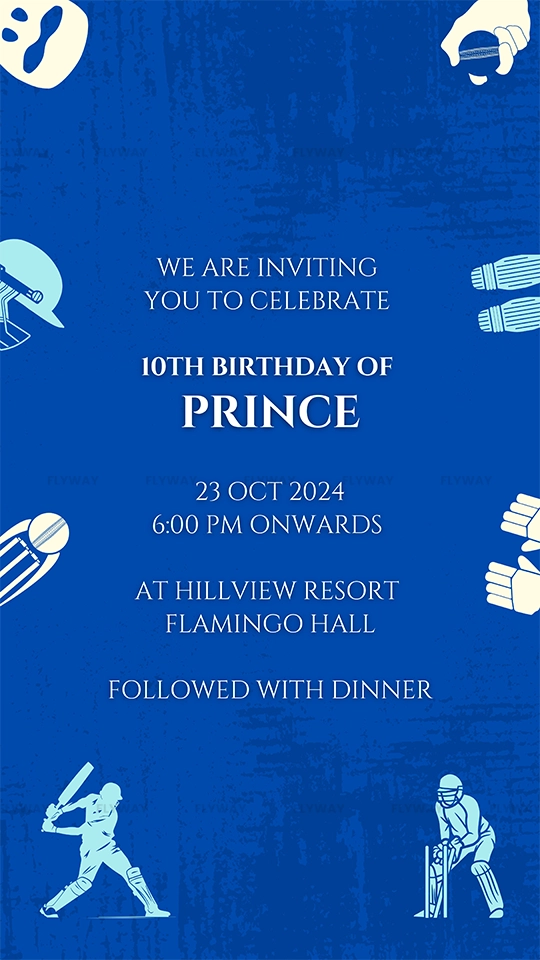 Cricket equipment icons on blue background with party details