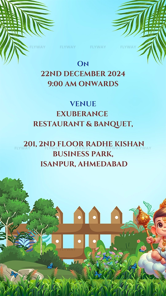 Cradle ceremony invite with date, venue, and baby god design