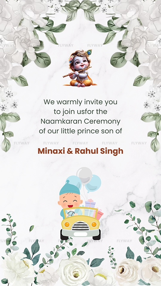 Cute baby Krishna-themed naamkaran invite with flowers