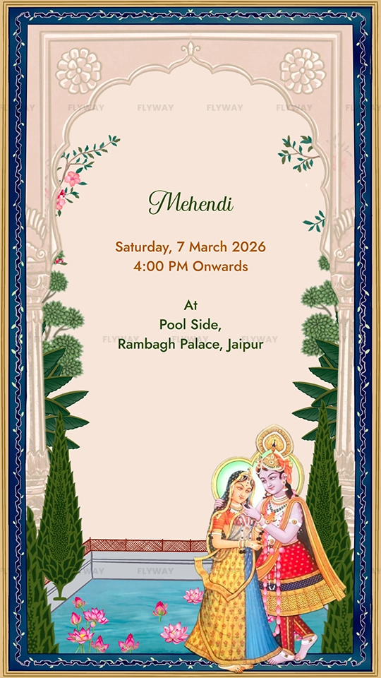 Mehendi invite with Radha Krishna artwork