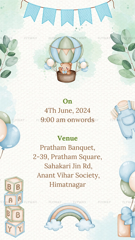 Baby shower invitation with teddy bear in hot air balloon