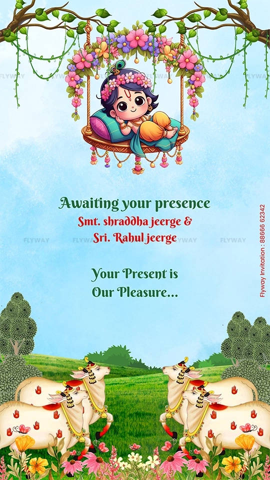 Floral cradle ceremony invite with Baby Krishna swing and decorated cows at the bottom.