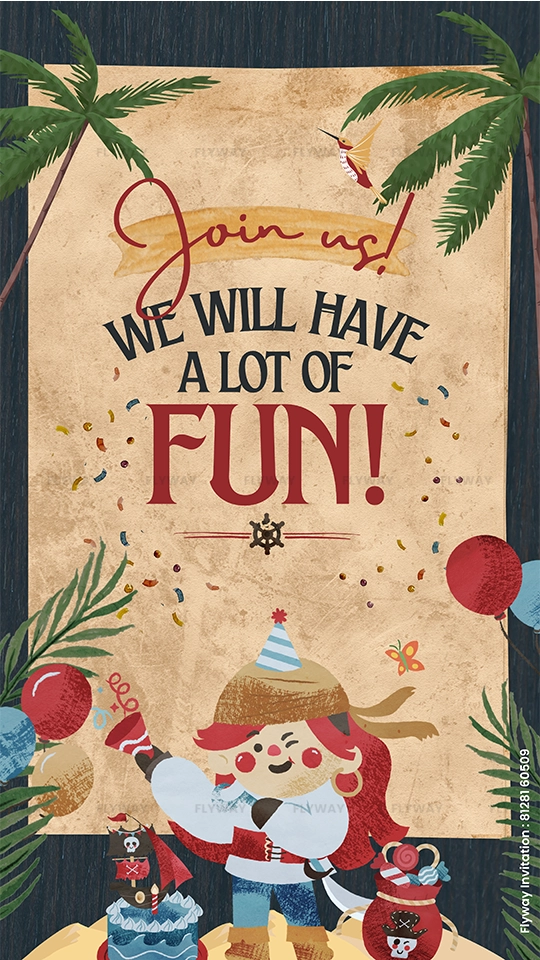 Pirate-themed party invitation with a girl pirate and festive decorations.