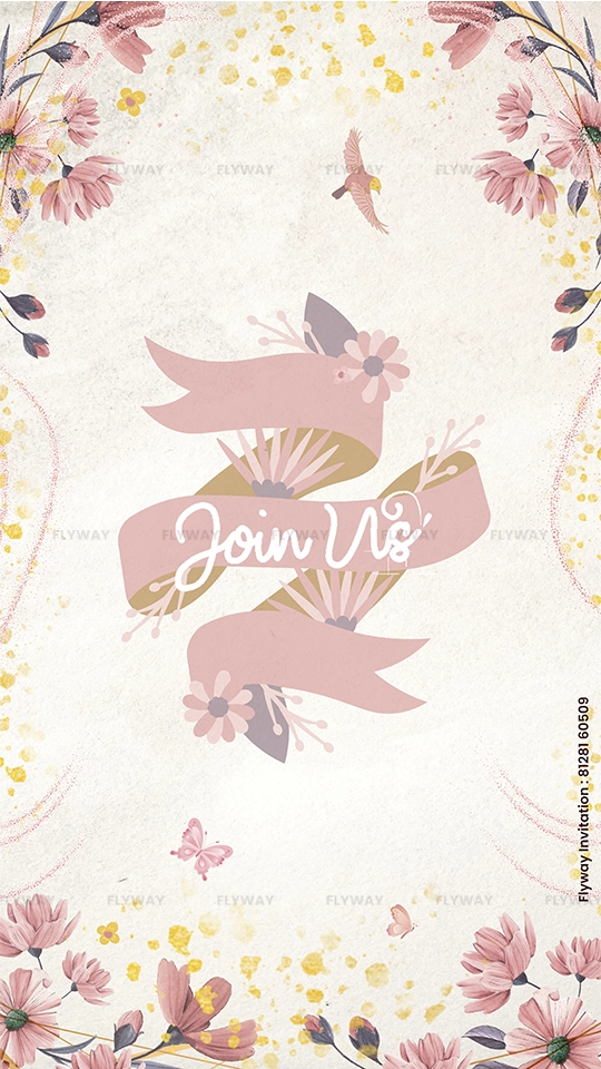 Pastel floral birthday invitation card with “Join Us” text on a pink ribbon banner.
