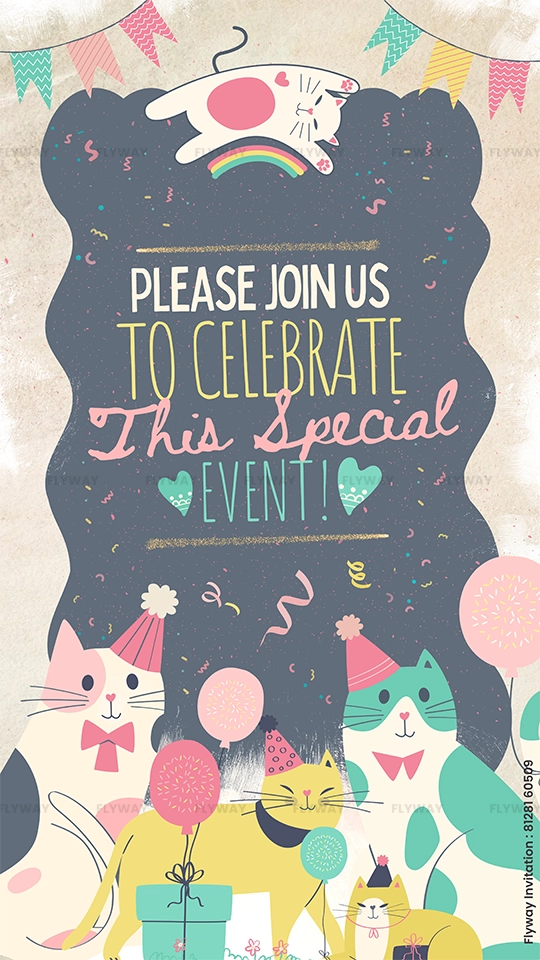 Cat-themed birthday invitation with kittens, balloons, and festive decorations.