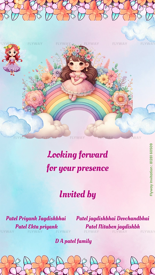 Rainbow princess on floral arch invitation ending card