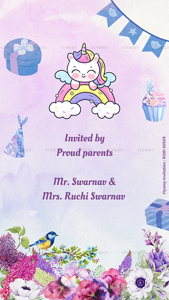 Cute unicorn on rainbow with party decor