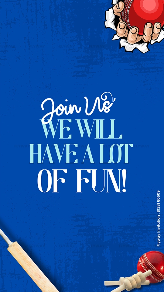 Blue background with cricket bat and ball and party fun text