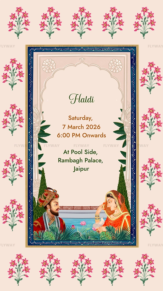 Haldi invite with floral Mughal background