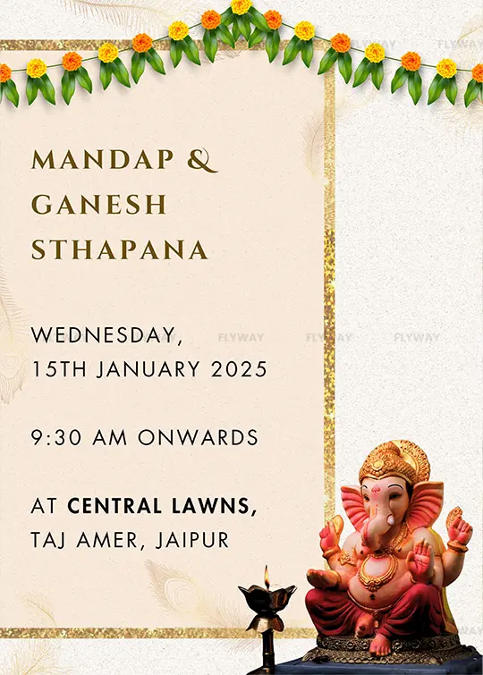 Mandap and Ganesh Sthapana card with floral garland and Ganesh idol