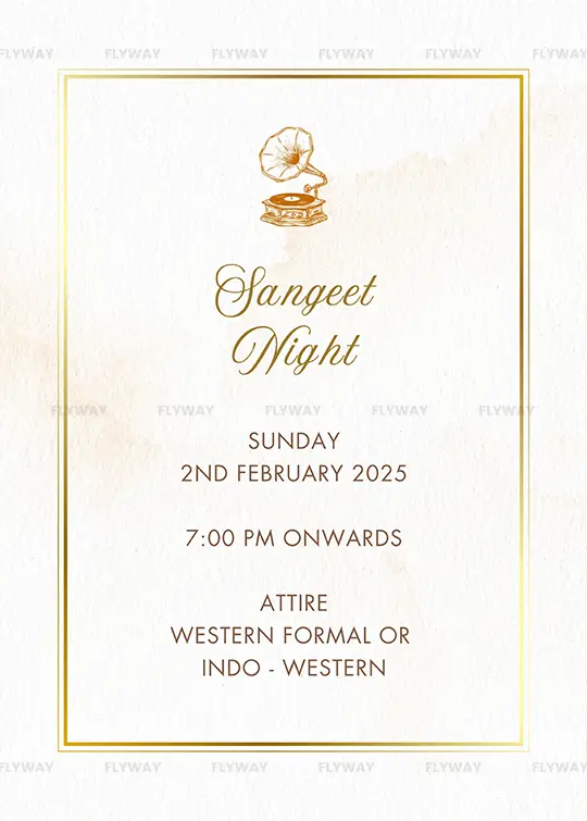 Sangeet night invitation with music gramophone graphic and elegant gold border