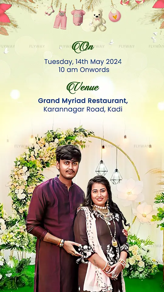 Baby shower invitation with event date and location, featuring garden décor