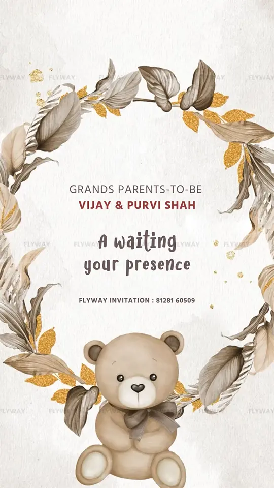 Leafy wreath with teddy bear baby shower invite