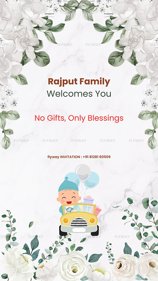 Baby boy welcome card with floral and car cartoon theme