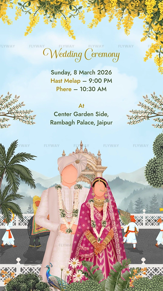 Wedding ceremony invitation with bride and groom