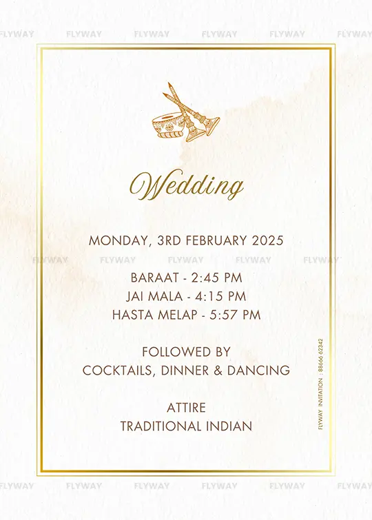 Indian wedding day card layout with instruments illustration and beige background