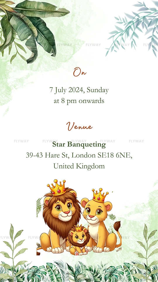 Baby shower venue details card with lion family