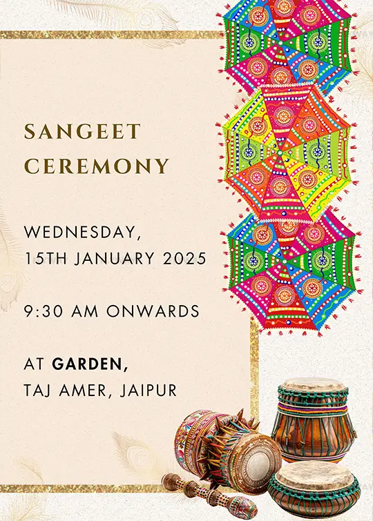Indian wedding Sangeet ceremony card with musical instruments and colorful parasols